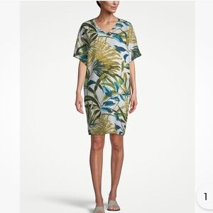 Chico's 0 Linen Palm-Print Tunic Wedge Dress Dolman Sleeves Knee Length